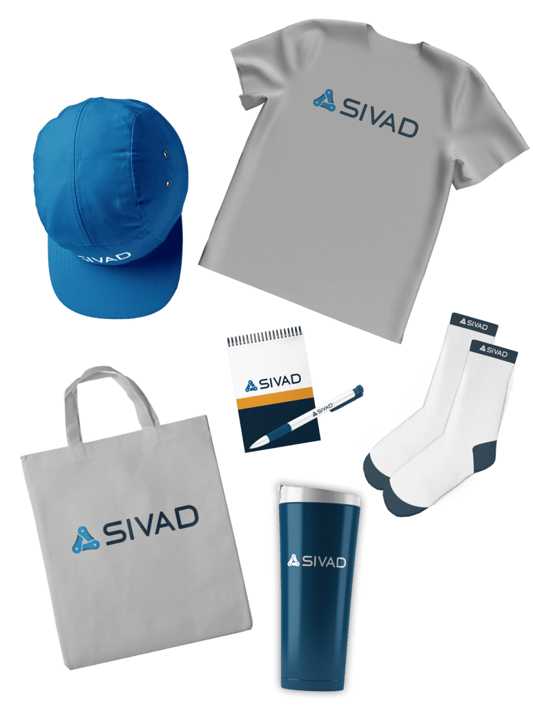 Shirt, hat, socks, tumbler, tote bag, and pen and notebook promotional products with Sivad logo.