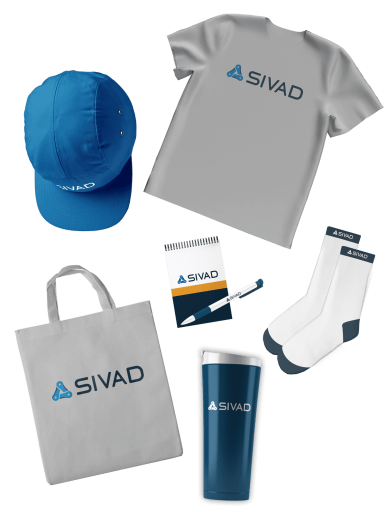 Shirt, hat, socks, tumbler, tote bag, and pen and notebook promotional products baton rouge with Sivad logo.