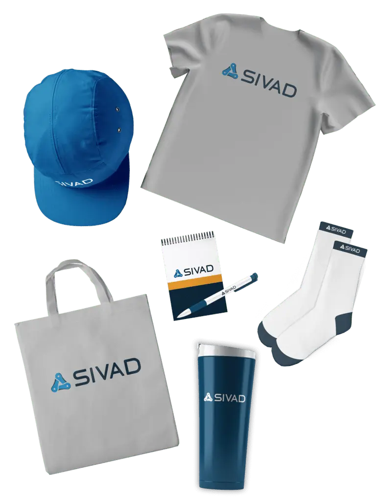 Shirt, hat, socks, tumbler, tote bag, and pen and notebook promotional products baton rouge with Sivad logo.