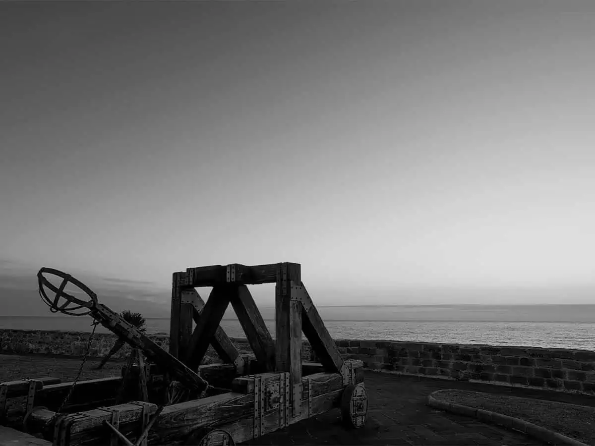 A catapult on the shoreline.