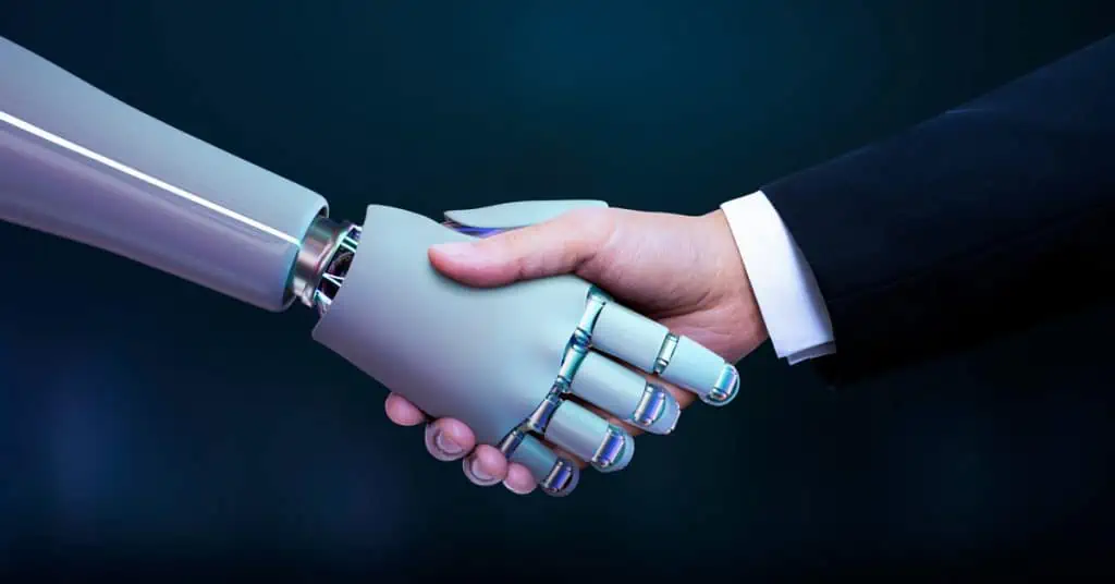 a robot shaking hands with a business owner