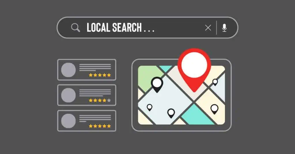 what is local seo. a cartoon map and search bar