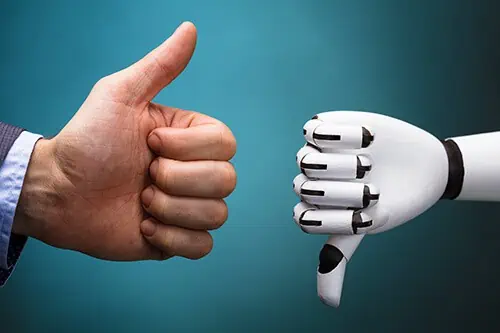 human and AI robot disagreeing with a thumbs down