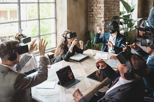a group of business people using virtual reality to shop online 