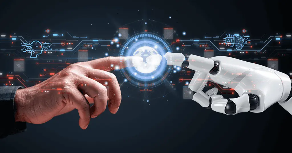 a human and robot touching their index finger together representing preparing for the future with AI
