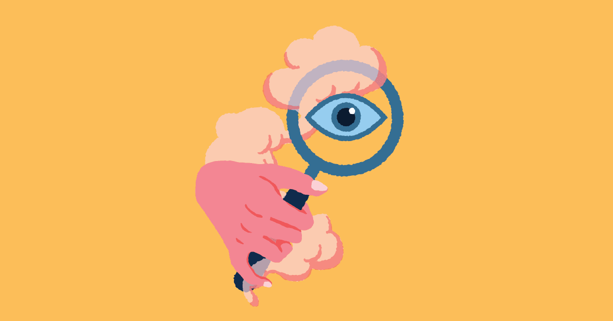 icon of hand holding a magnify glass with an eye in the center